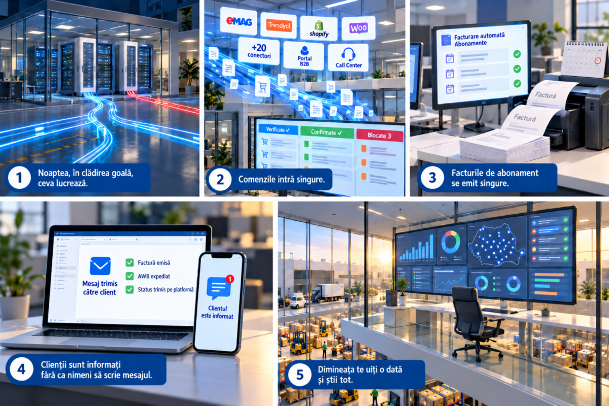 Ilustrație în cinci scene despre CloudSales ERP: comenzile din marketplace-uri, magazine online, portalul B2B și Call Center intră și sunt verificate, facturile de abonament se emit singure, clientul este anunțat pe e-mail și pe telefon, iar dimineața panoul arată toată activitatea.