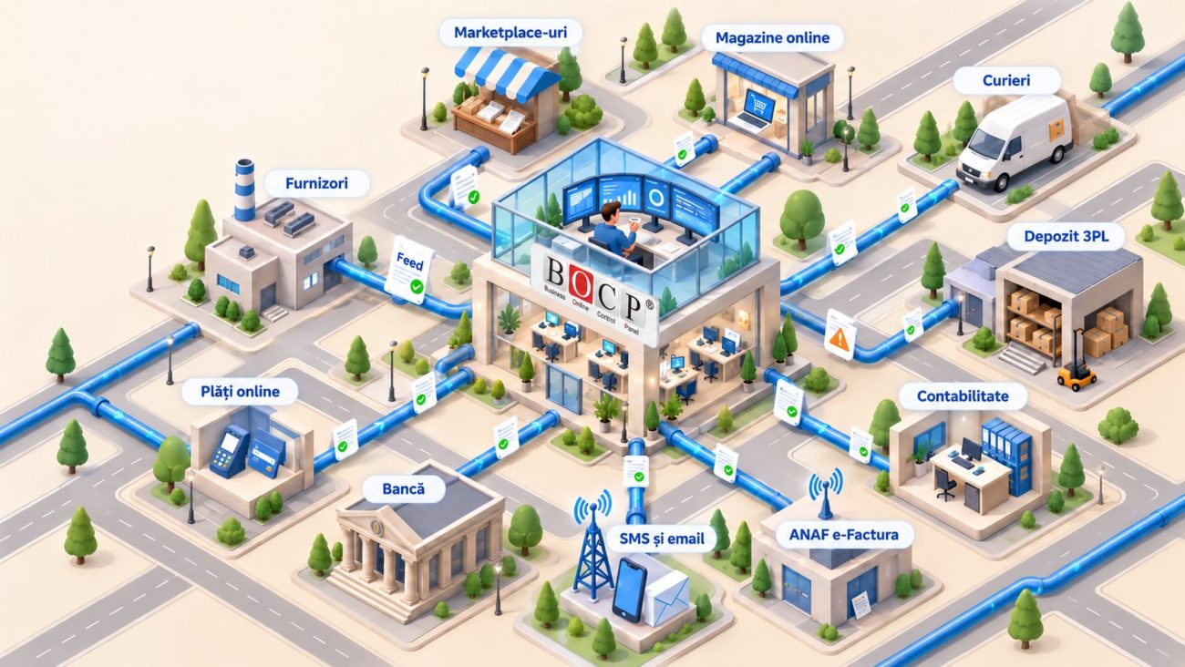 Integrări 1 BOCP în centru, legat de marketplace-uri, magazine online, curieri, depozit 3PL, furnizori, plăți online, bancă, SMS și email, ANAF e-Factura și contabilitate