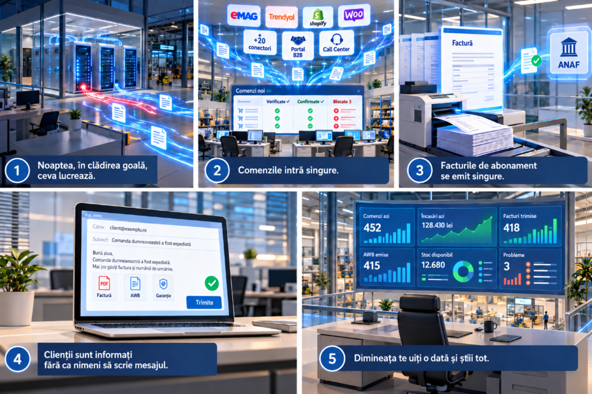 BOCP 2 Ilustrație în cinci scene: serverele lucrează noaptea, comenzile din eMAG, Trendyol, Shopify, WooCommerce, portalul B2B și Call Center intră și sunt verificate, facturile de abonament ajung la ANAF, clientul primește pe e-mail factura, AWB-ul și garanția, iar dimineața un dashboard arată comenzile, încasările și problemele.